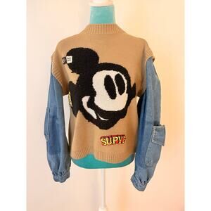 Mickey Mouse Denim Sleeve Mixed Media Knit Sweater Tan Blue S handmade unique